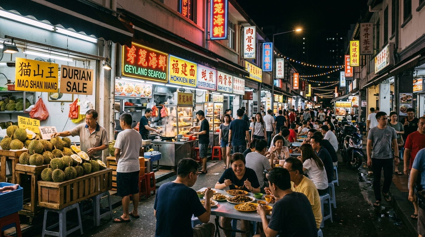 ゲイランの夜の屋台街（シンガポール）